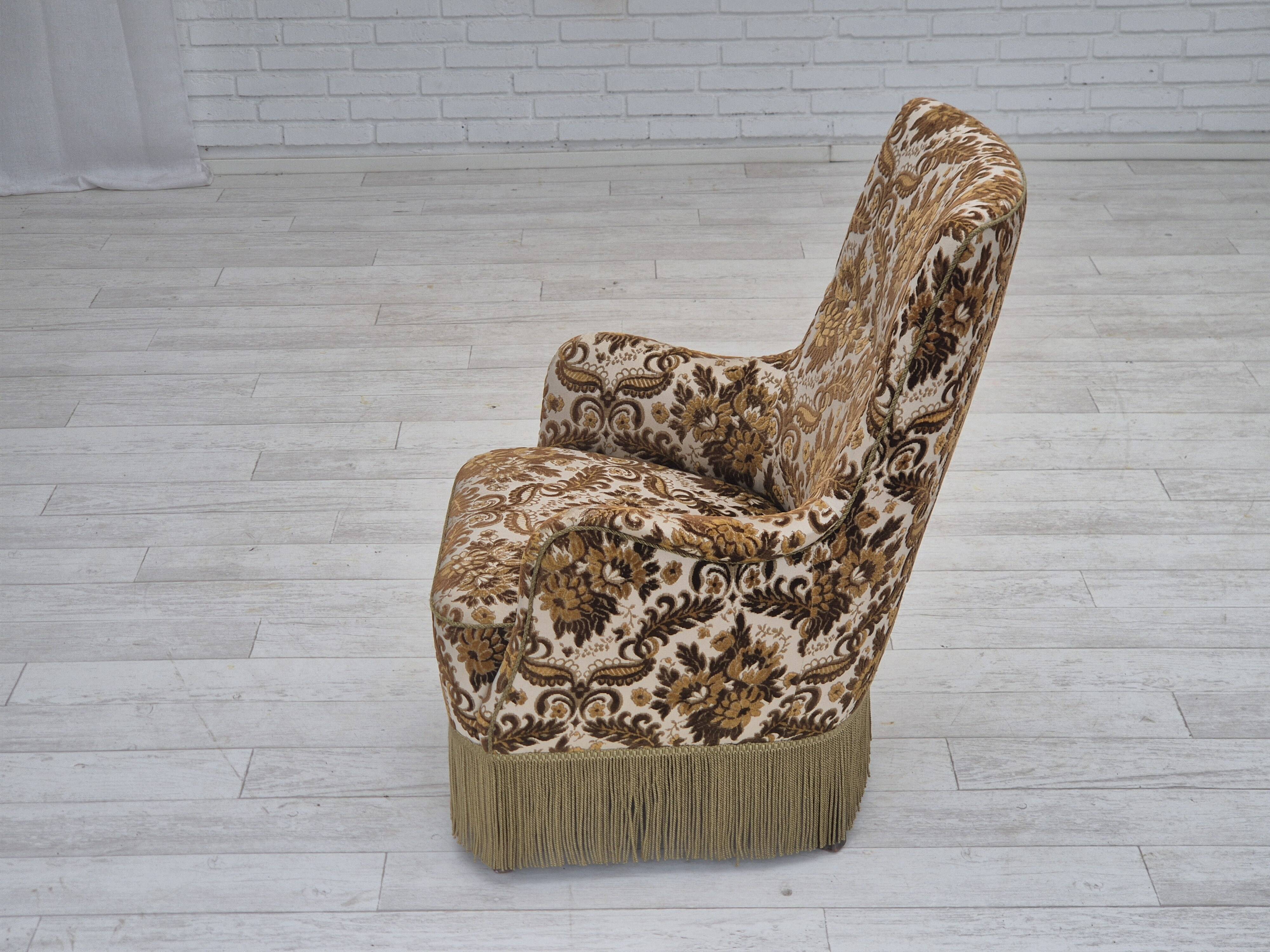 1960s, Danish highback armchair, furniture velour fabric, ash wood.