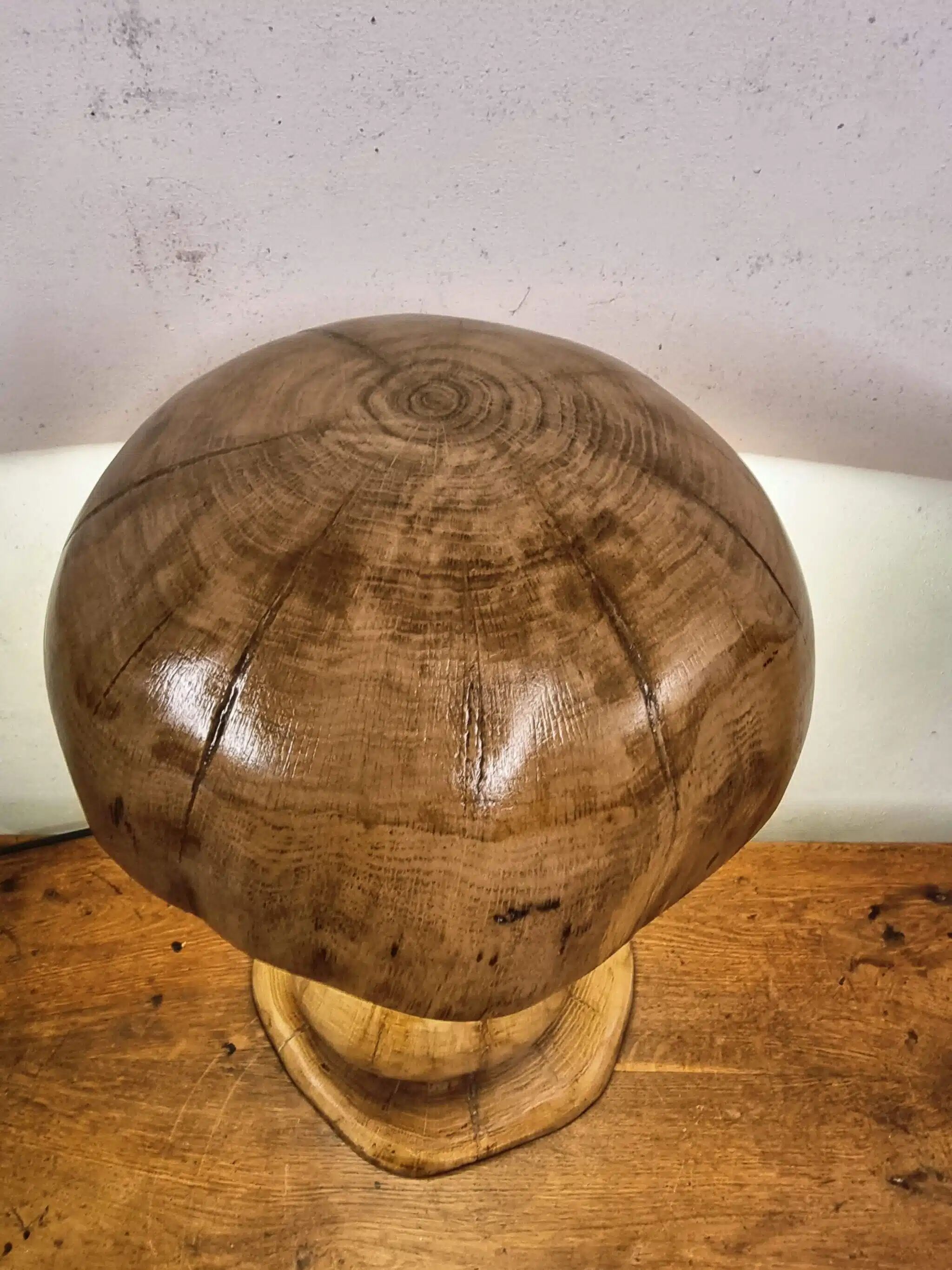 Hand-carved oak table lamp in the shape of a mushroom