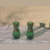 Paire de vases aux iris dore verre transparent vert et iris peint a la main art nouveau, collector