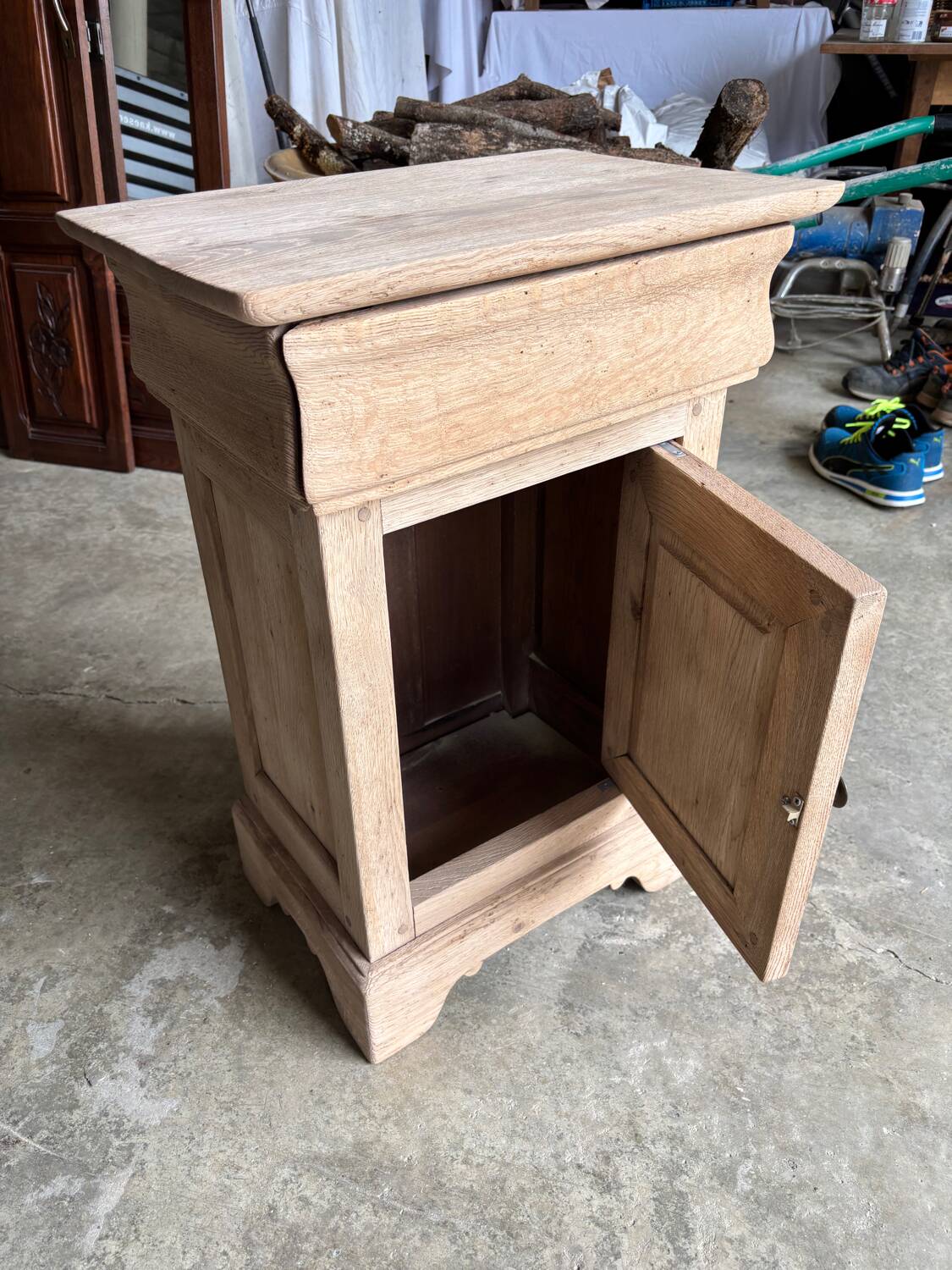 Raw wood bedside table