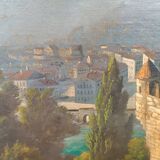 Grande peinture à l'huile sur toile d'une vue de Salzbourg du 19ème siècle