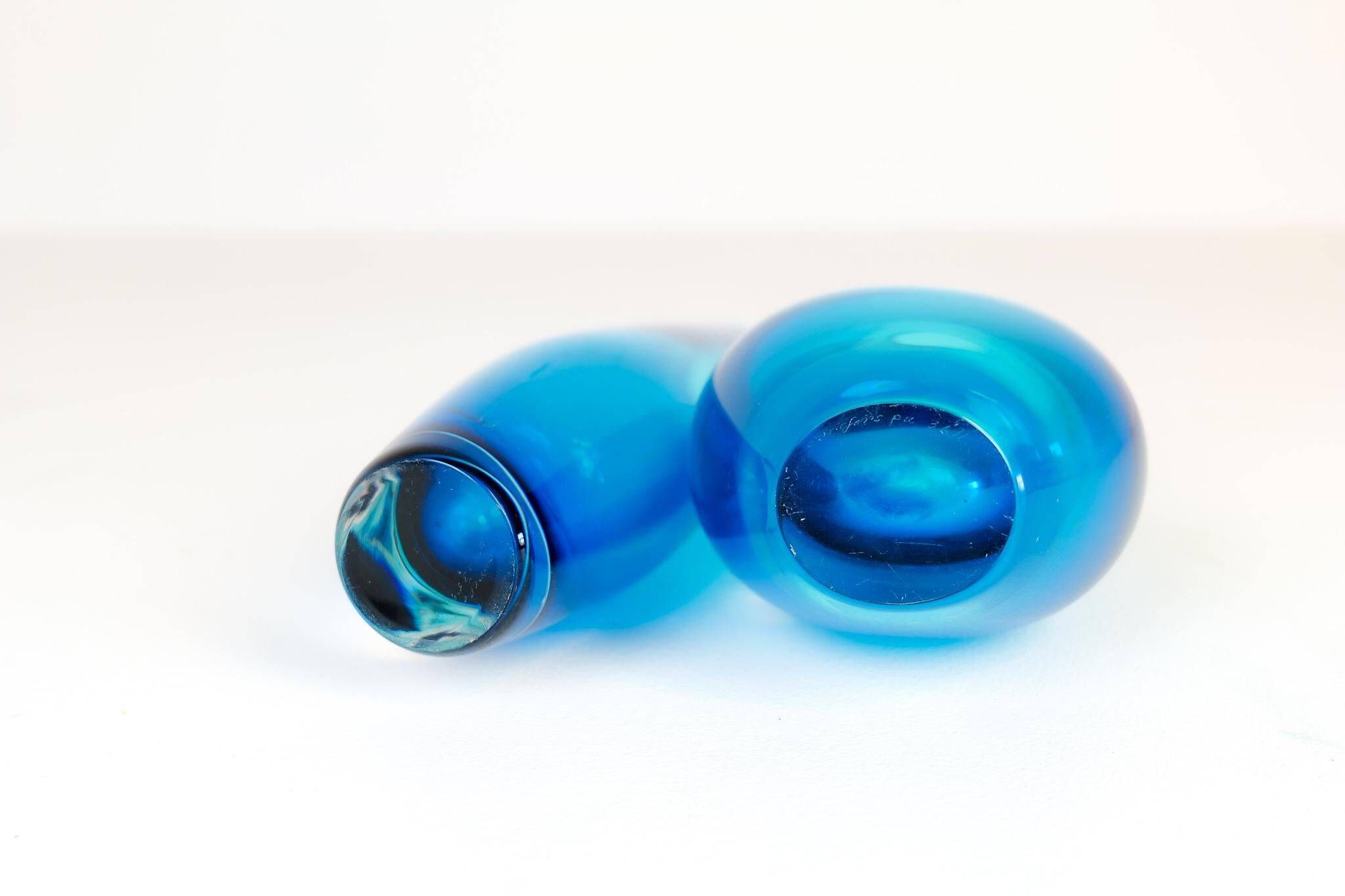 Pair of heavy crystal vases by Orrefors Mid-Century Modern by Sven Palmqvist, light blue.