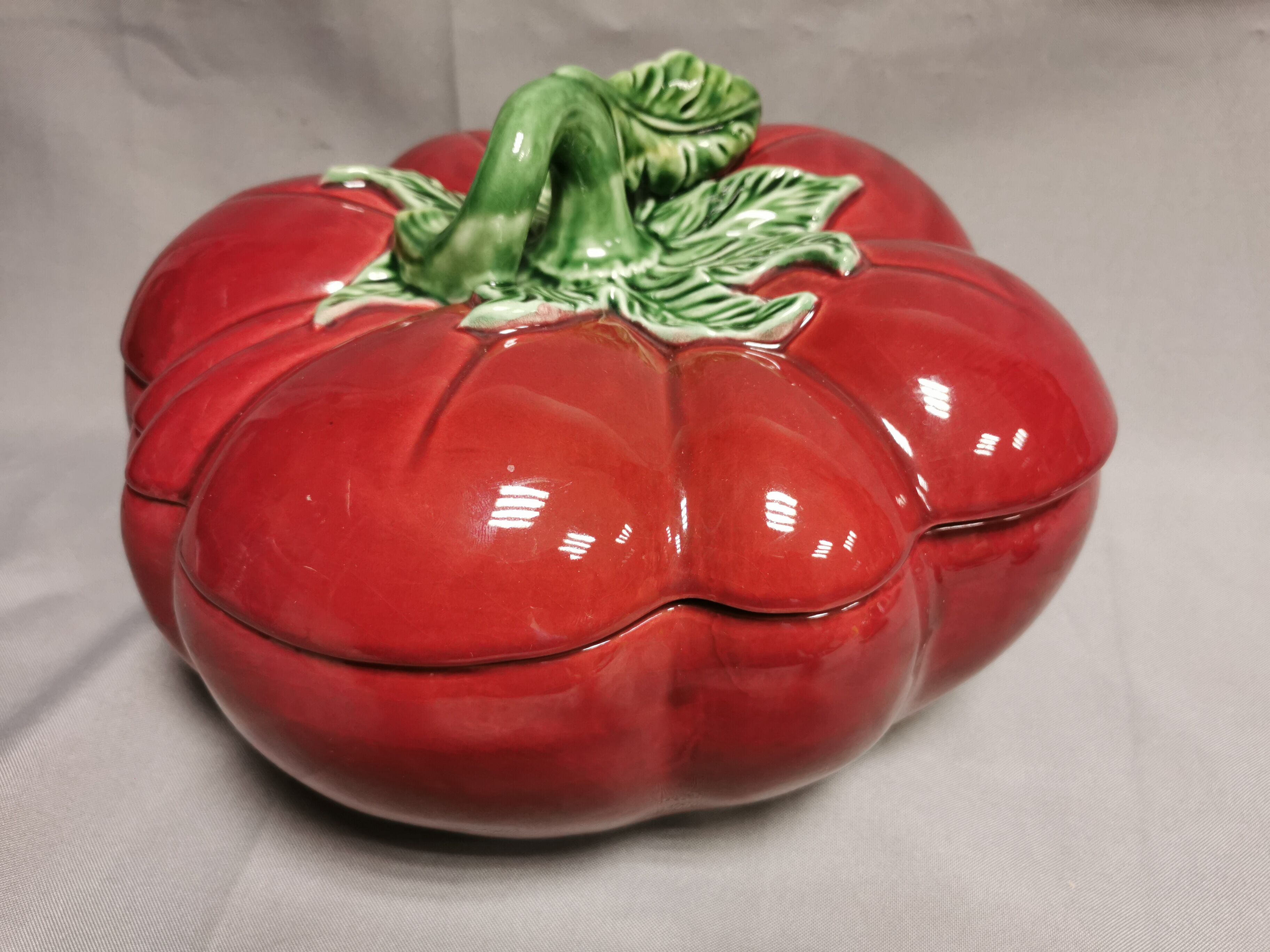 Vintage soup tureen + Trompe l'oeil sauce boat, majolica tomato shape