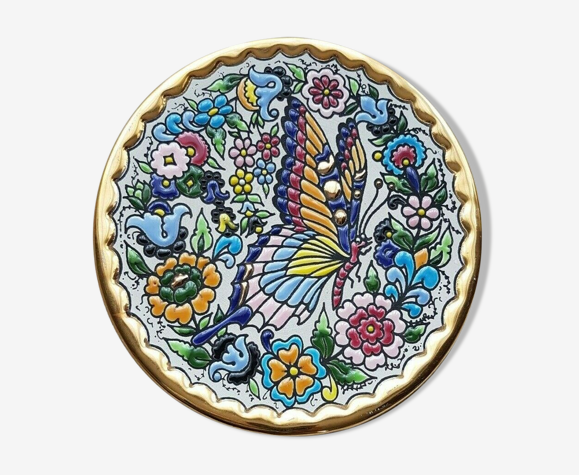 Assiette décorative Cearco peinte à la main avec des émaux et de l'or sterling (24 carats) fabriquée en Espagne