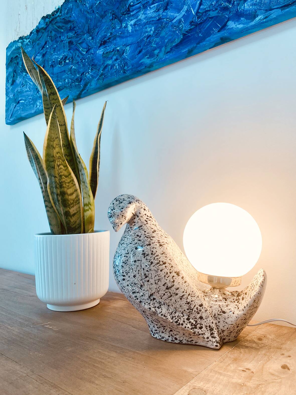 "Speckled dove" ceramic bird lamp, 1970