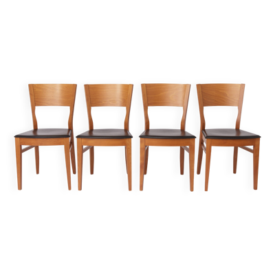 Ensemble de 4 chaises italiennes par DAL1923, années 1980, bois d'orme, simili cuir noir.