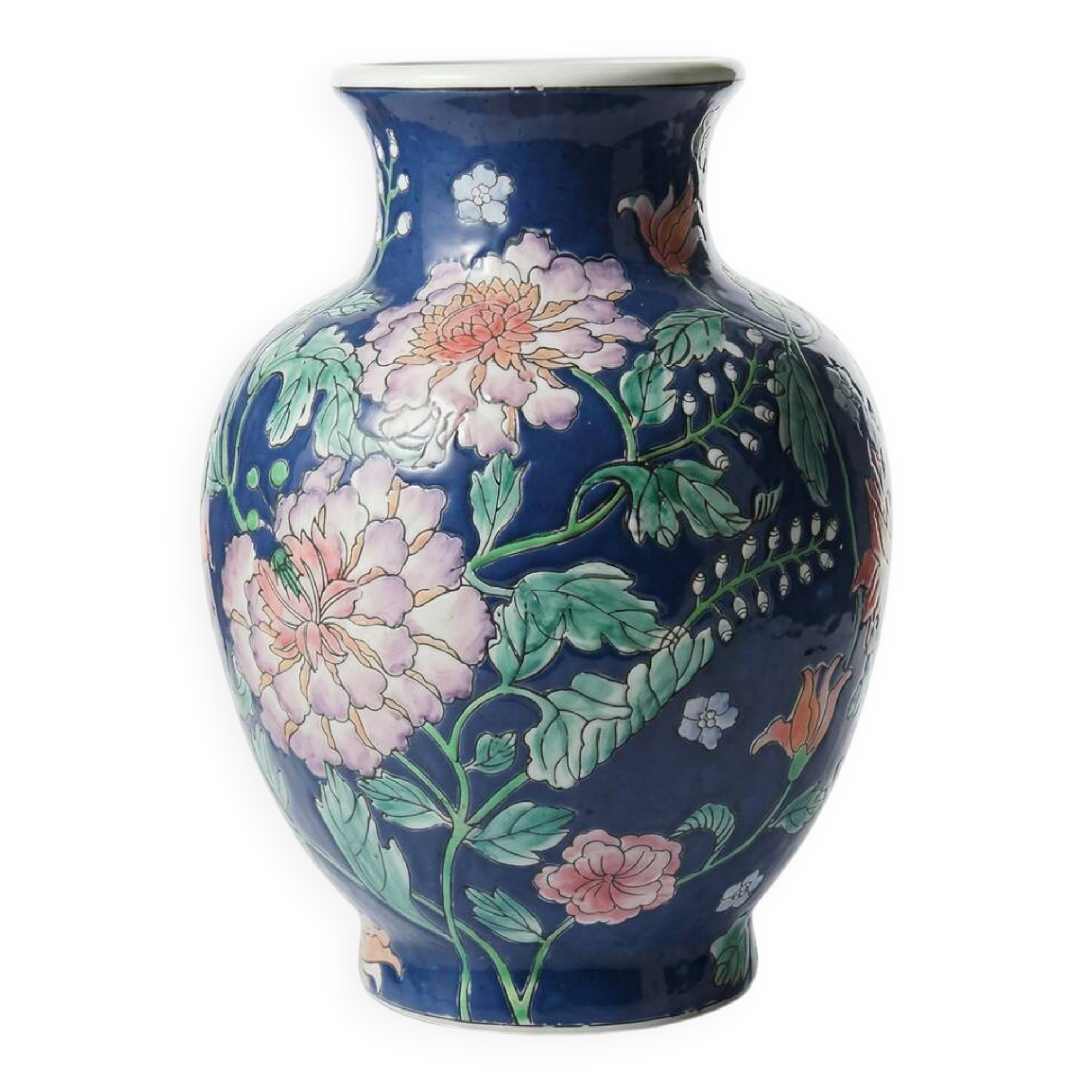 Large baluster vase in Chinese porcelain with vintage floral decoration from the 1970s-80s.