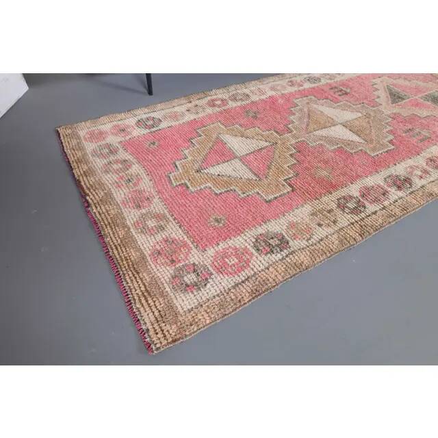 Vintage Turkish Hand-Knotted Wool Cotton Pink Runner Rug 92x364