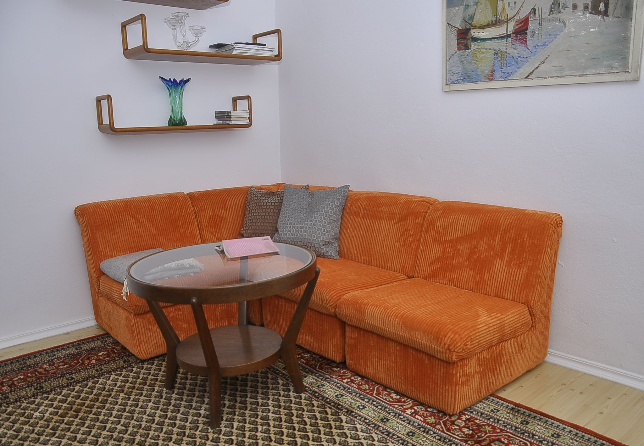 Orange corduroy Modular sofa from the 70's, 4 pieces
