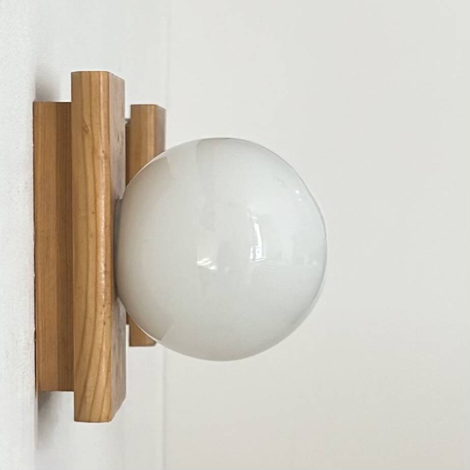 Pair of vintage wall lights, pine and opaline, France 1970