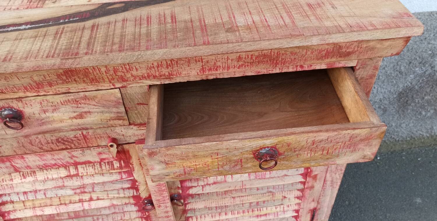 Wooden sideboard with red highlights