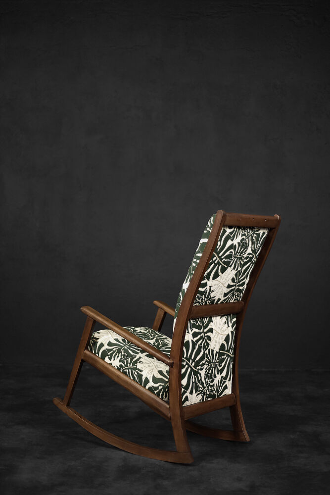 Vintage Mid-Century Danish Modern Rocking Chair in Wood and Monstera Leaf Pattern Fabric, 1960s
