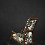 Vintage Mid-Century Danish Modern Rocking Chair in Wood and Monstera Leaf Pattern Fabric, 1960s