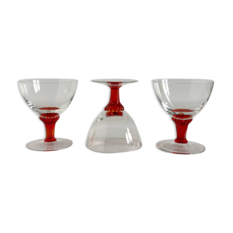 Vintage Set Of 3 Murano Red Stemmed Crystal Champagne Coupe Glasses