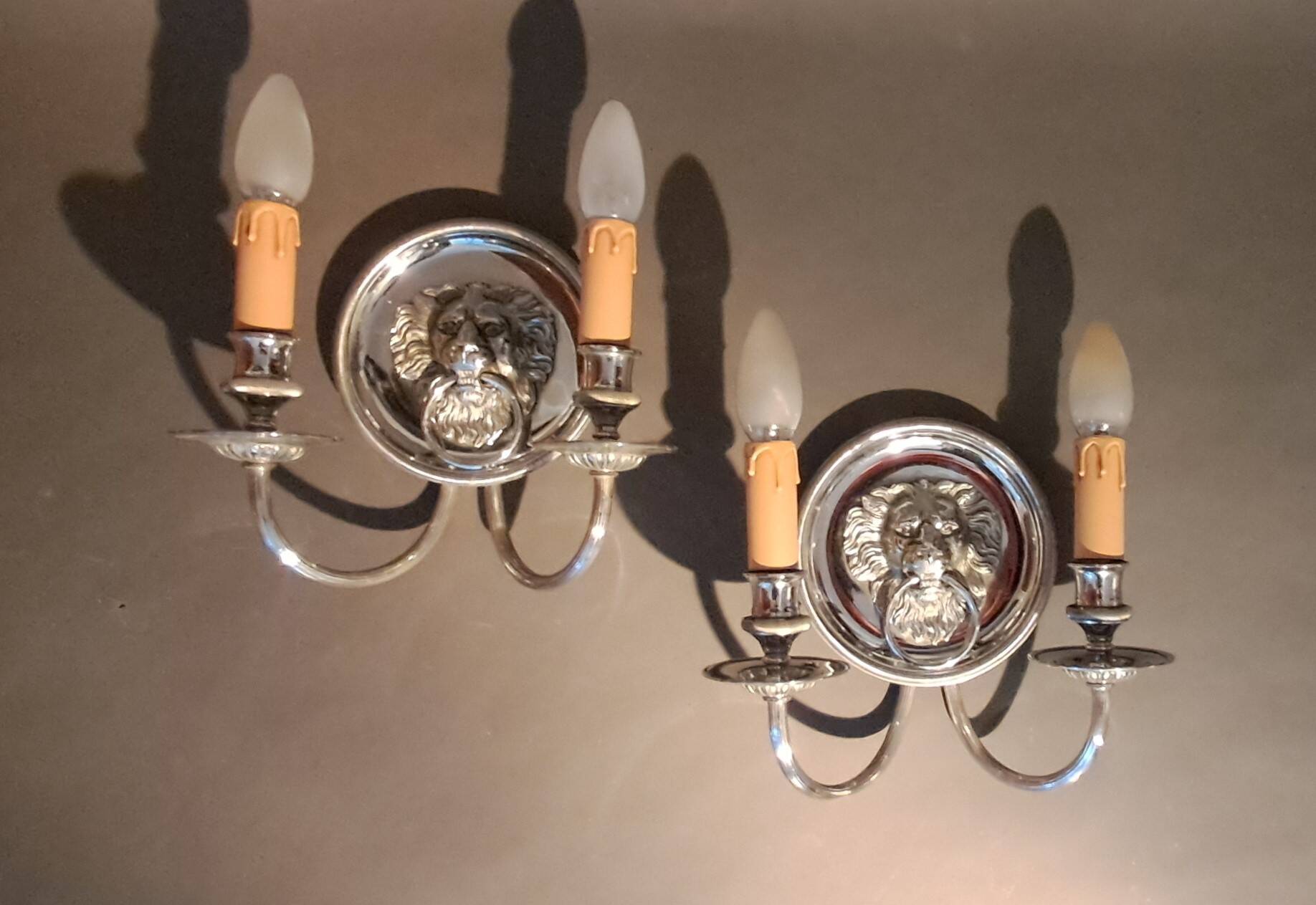 Pair of two-armed silver-plated bronze wall lights from Maison Charles, 1960.