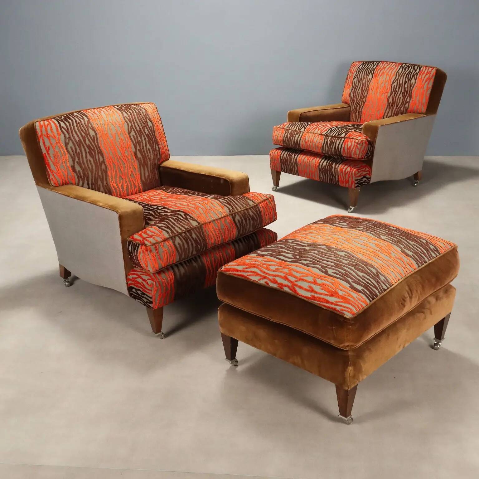Pair of antique armchairs with velvet and fabric poufs, Italy, 20th century