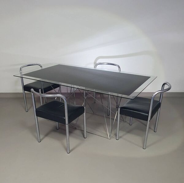 Table à manger en acier et verre par Max Sauze pour Max Sauze Studio, années 1970