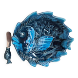 Ceramic butter dish signed Vallauris fish decor and its knife / fish / ceramic / 1960 / French riviera / Mid-Century / 20th