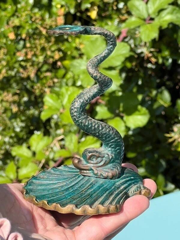 Antique candlestick base – stylised marine fish in patinated bronze