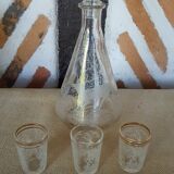 Decanter and 3 shot glasses sandblasted glass
