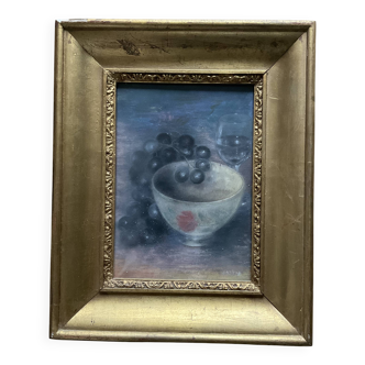 Still life painting with bowl and grapes