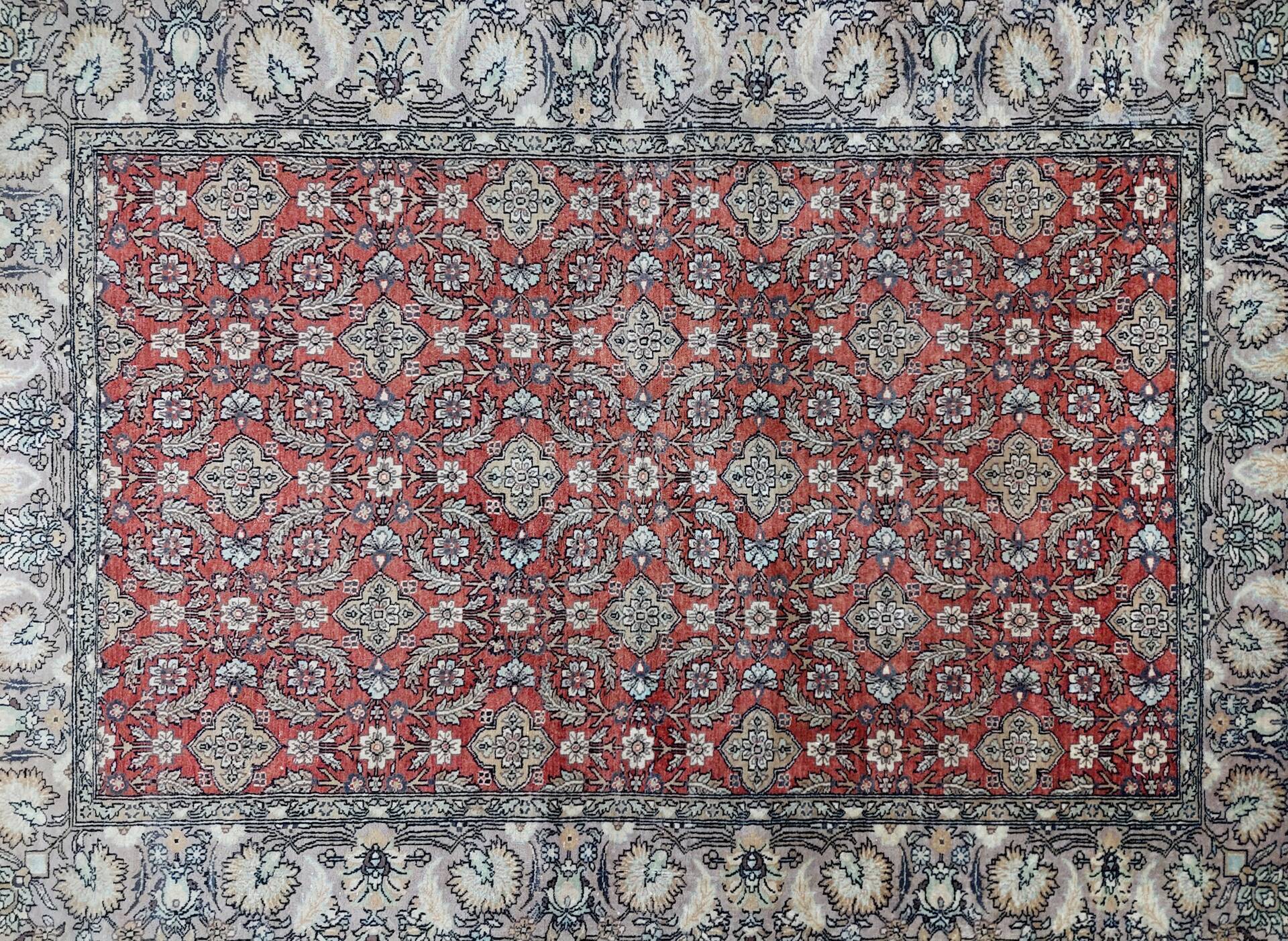 Hand-knotted wool and silk rug Kashmir India 1950