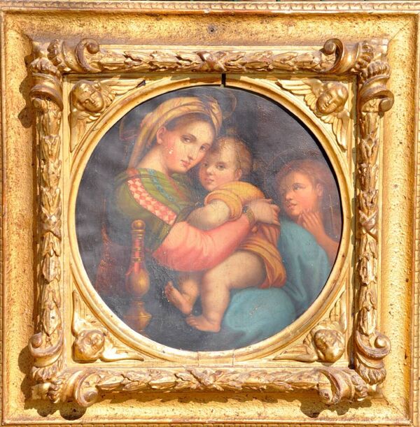 Raphaël : ''La mère et l'enfant'', copie du XIXe siècle, cadre doré