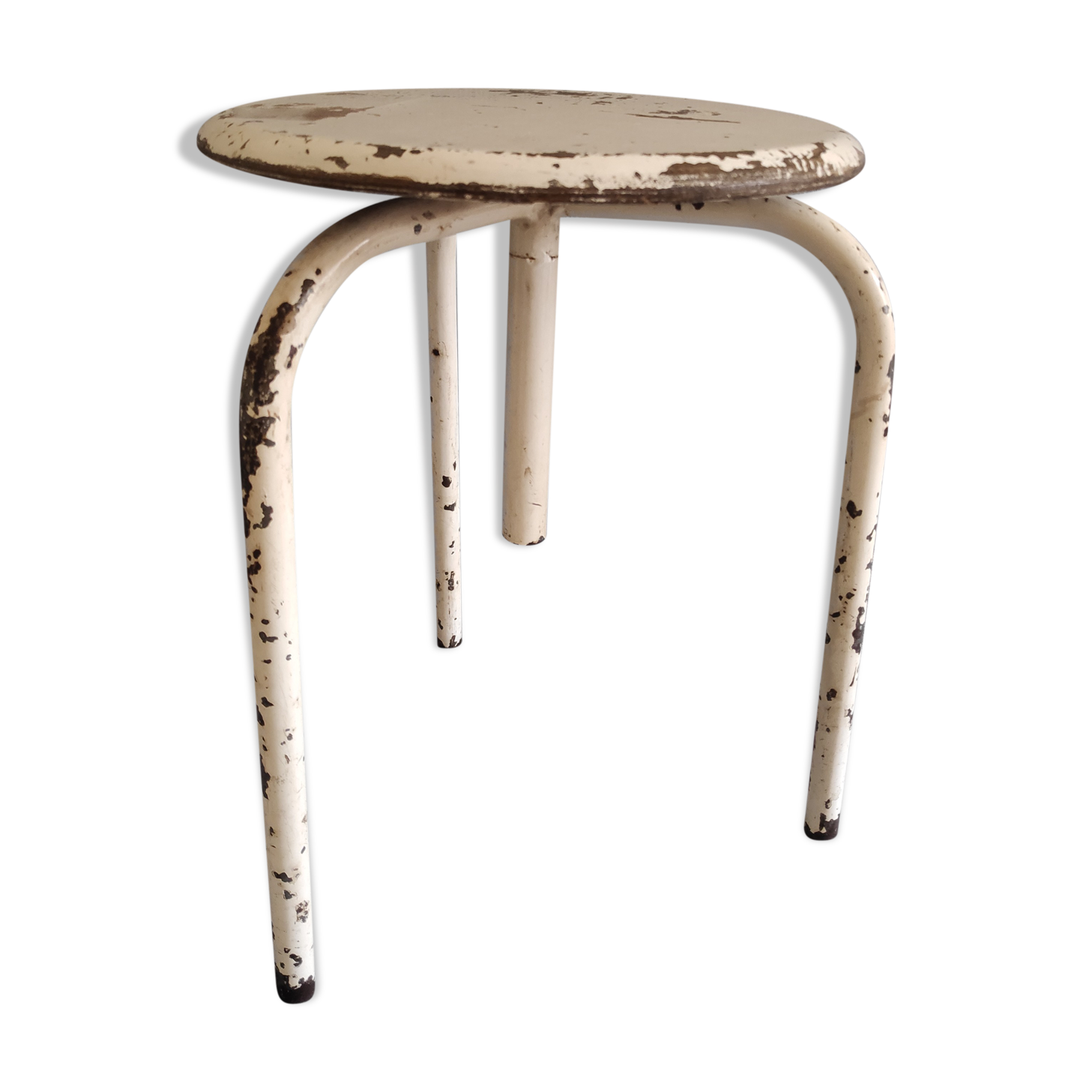 3-foot white metal workshop stool with wood seating threaded axis