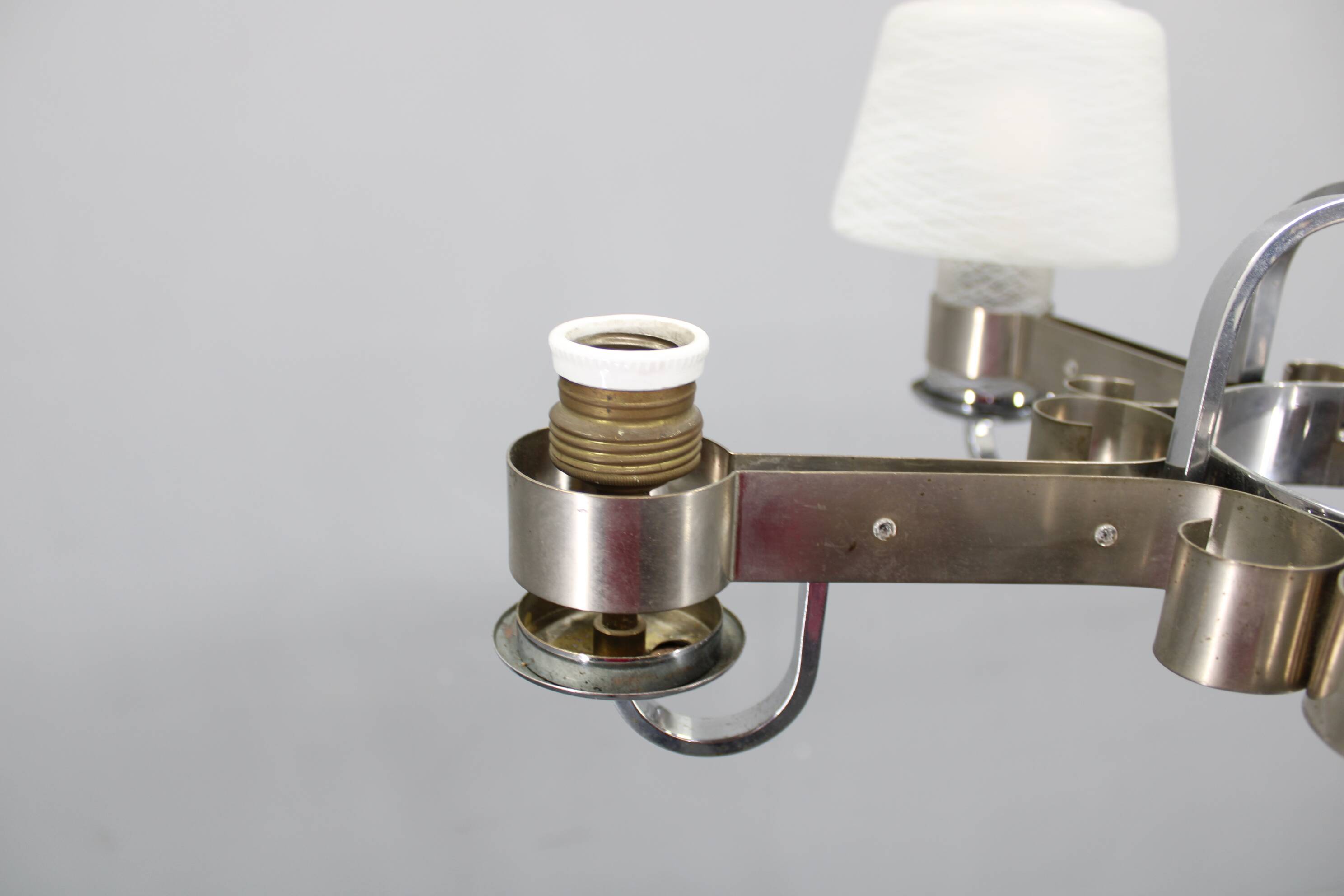 Art Deco nickel chandelier with textured glass, Czechoslovakia, 1930s