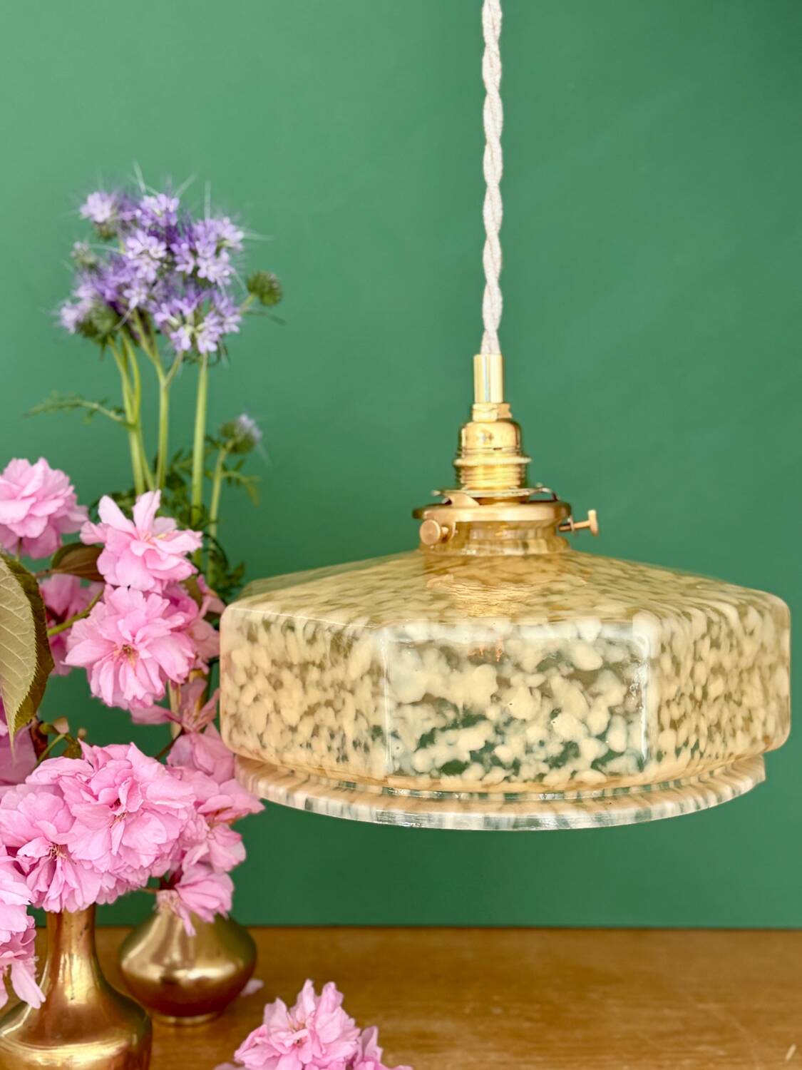 Vintage glass pendant light in yellow from Clichy