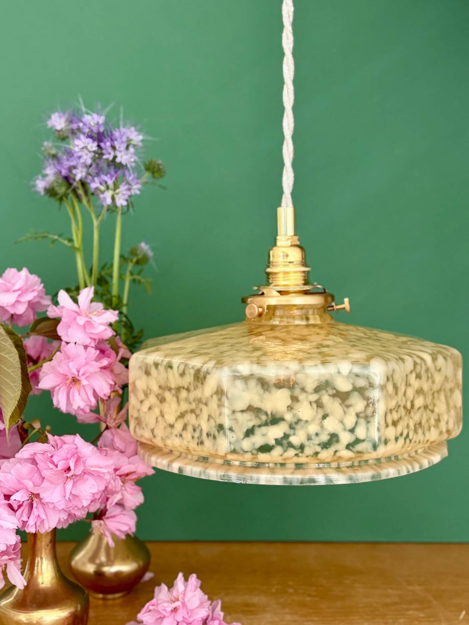 Vintage glass pendant light in yellow from Clichy