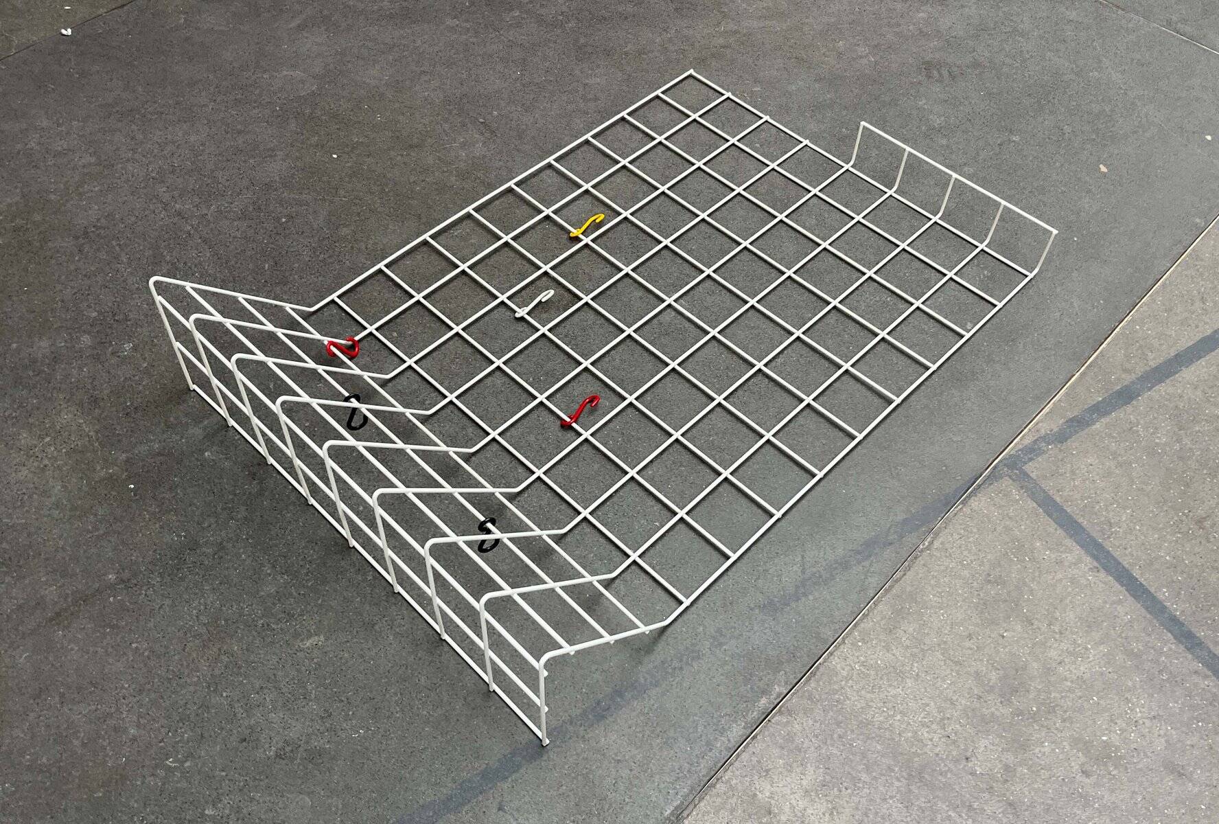 White minimalist string coat rack, modern mid-century, 1960s.