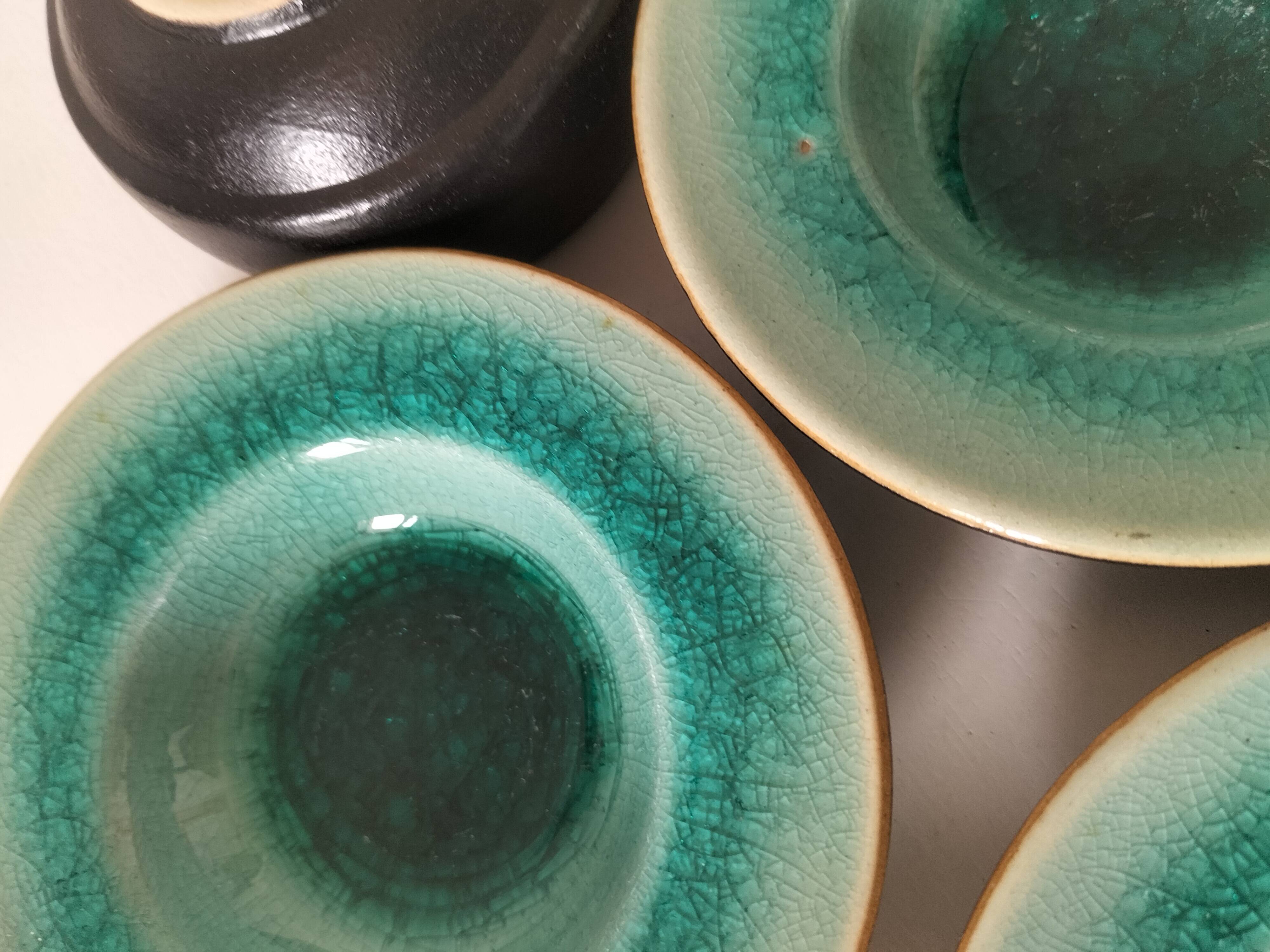 Set of three ceramic cups and saucers – crackled turquoise glaze