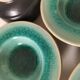 Set of three ceramic cups and saucers – crackled turquoise glaze