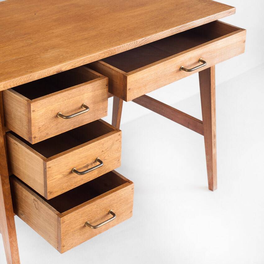 Vintage oak desk. Compass legs with drawers. France, 1950s