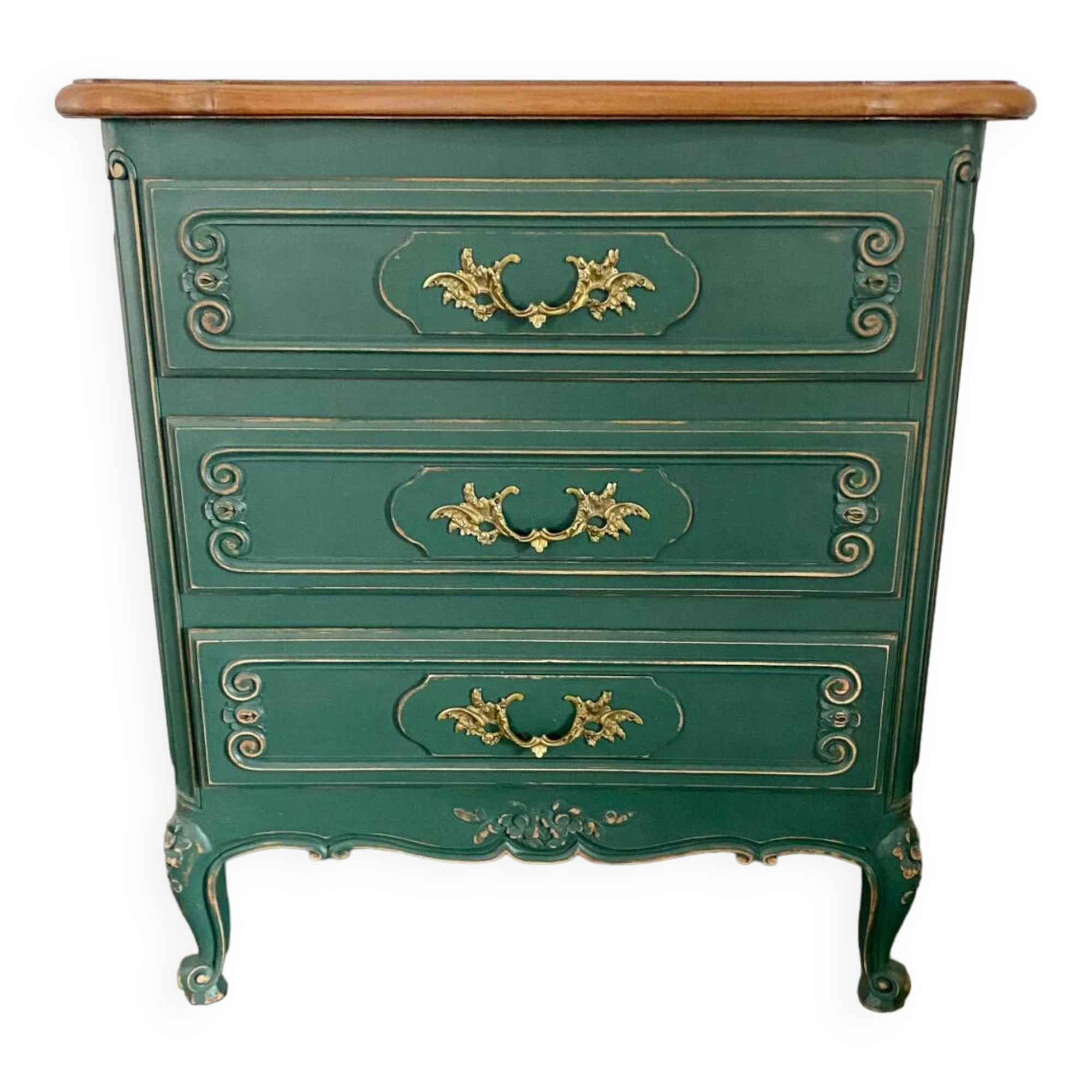 Commode bois massif relooké vert pinède patiné