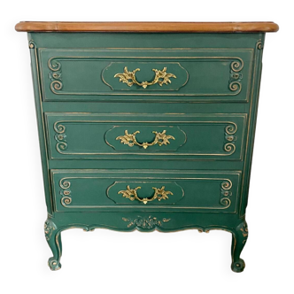Commode bois massif relooké vert pinède patiné
