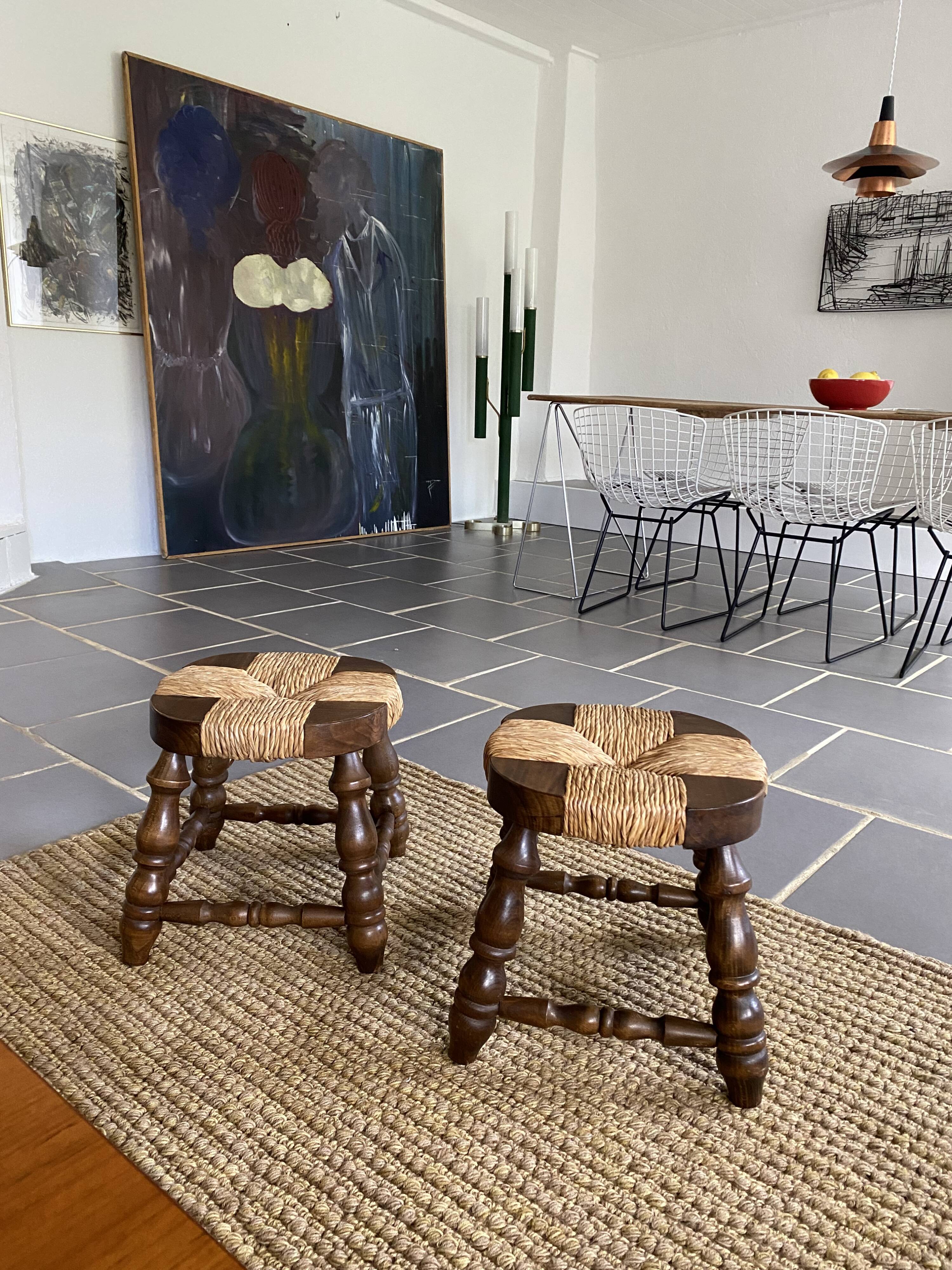 Paire de tabourets bois et paille vintage