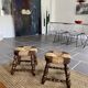 Paire de tabourets bois et paille vintage