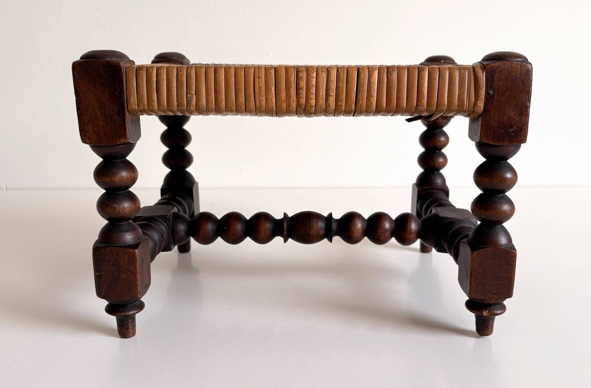 Antique French Turned Wood and Woven Rattan Footstool/ Sidetable