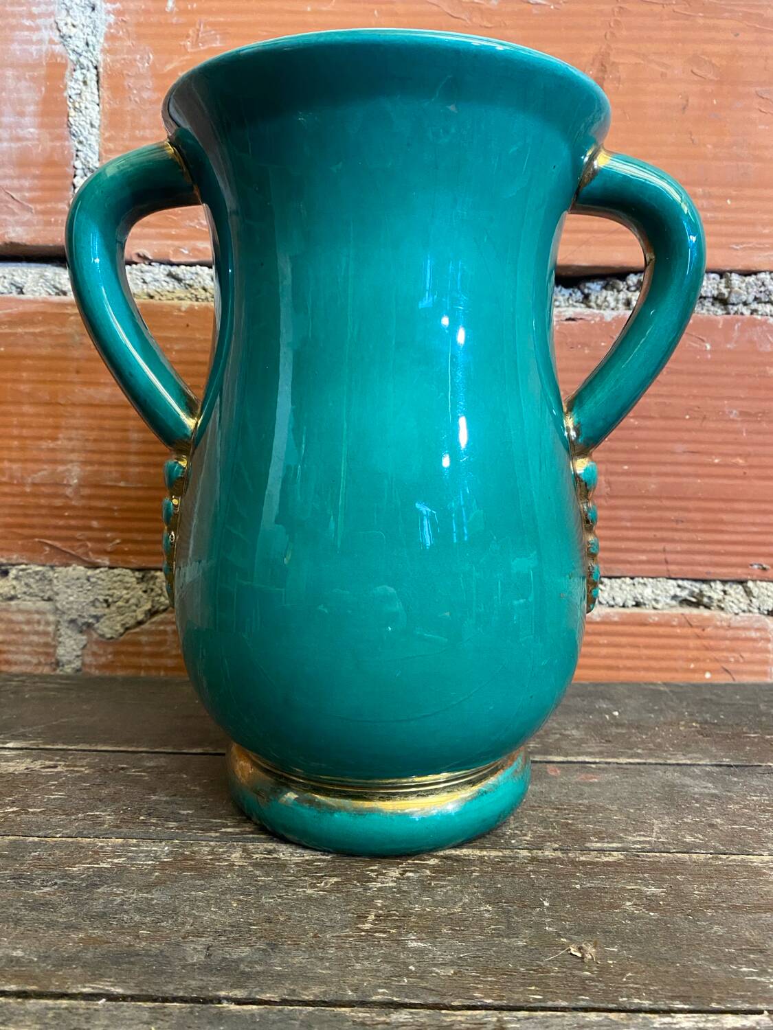 Vintage Green & Gold Ceramic ARC Vase Made in France #D777