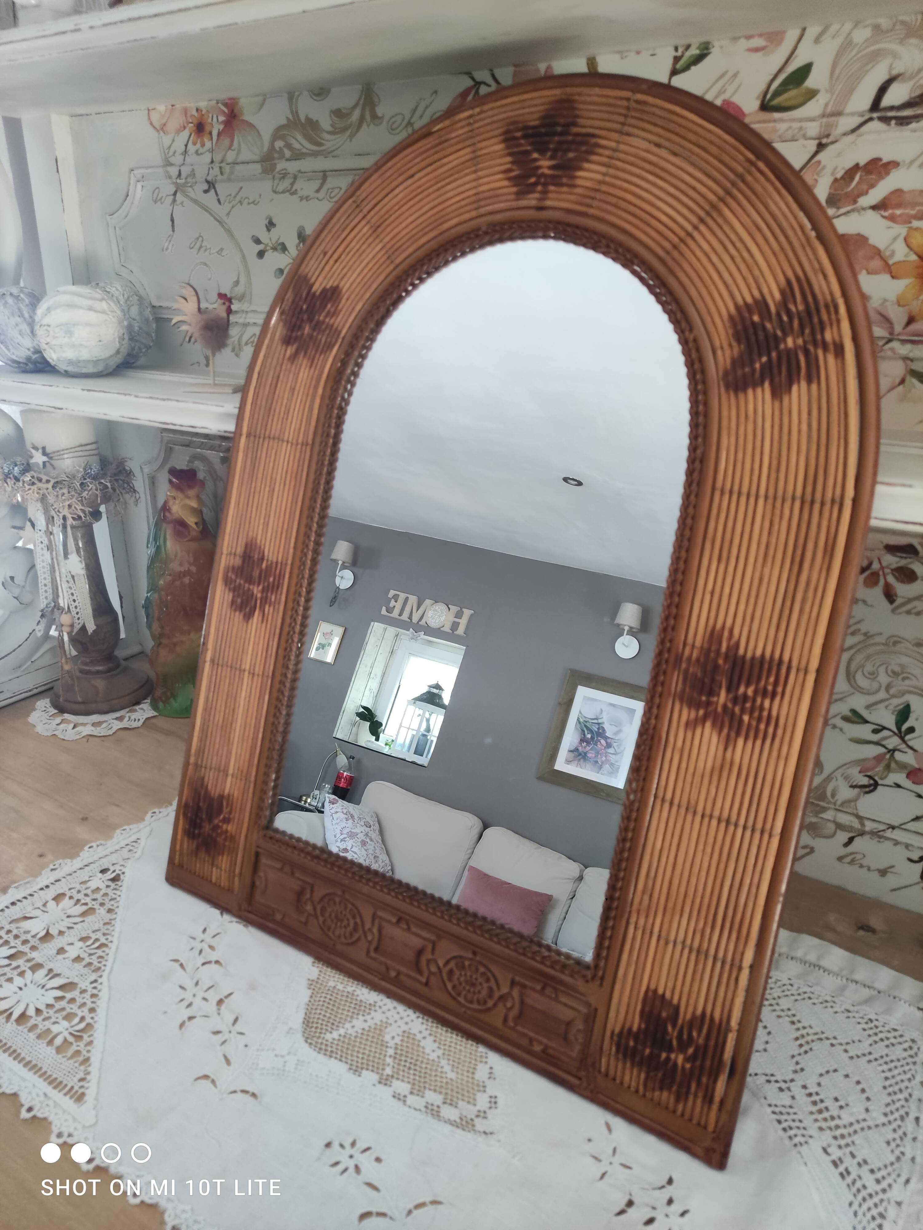 Vintage rattan arch mirror medium honey burnt leaf and metal decoration