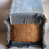 Vintage blue velvet fringed armchair.