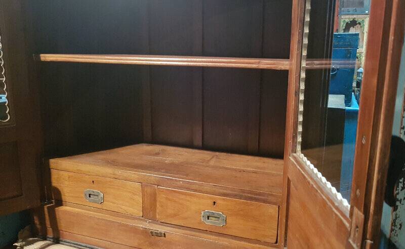 Art deco brown glass sideboard 2 drawers original piece old teak wood