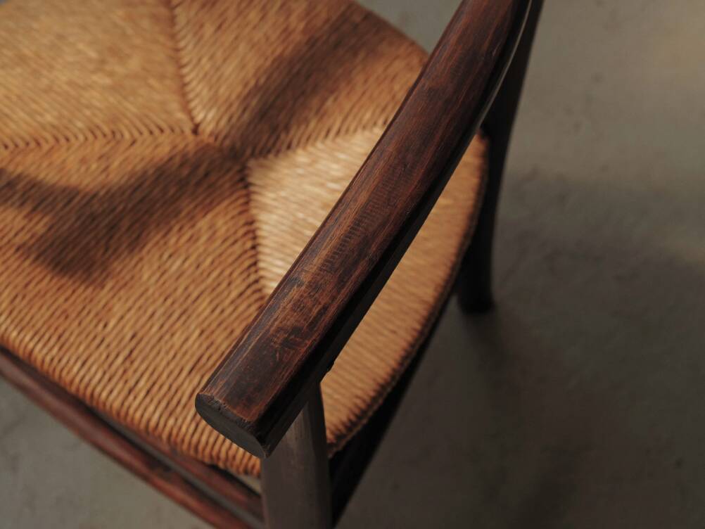Pair of solid wood and straw armchairs, France, circa 1950.