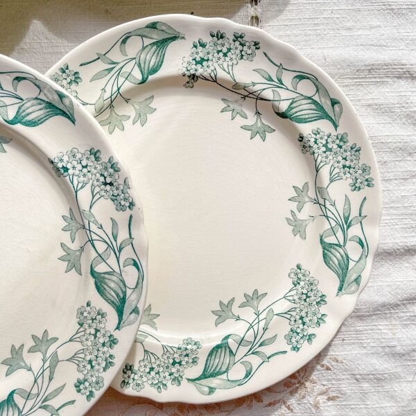 Lot de 6 Assiettes Plates Anciennes Terre de Fer ''Lilas'' Longchamp XIXe