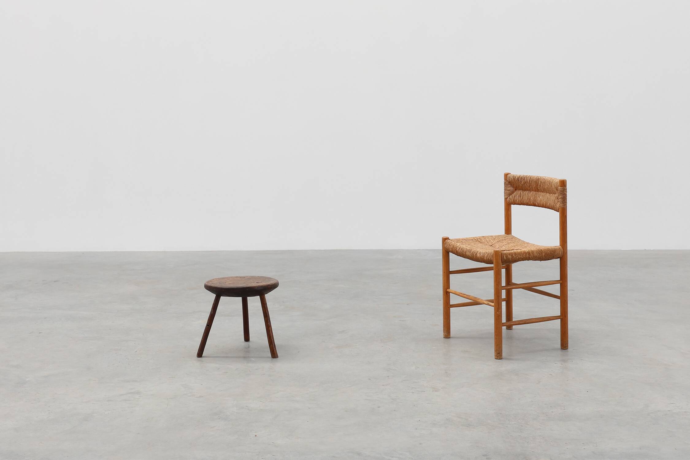 Rustic French wooden stool in wabi sabi style, ca. 1850