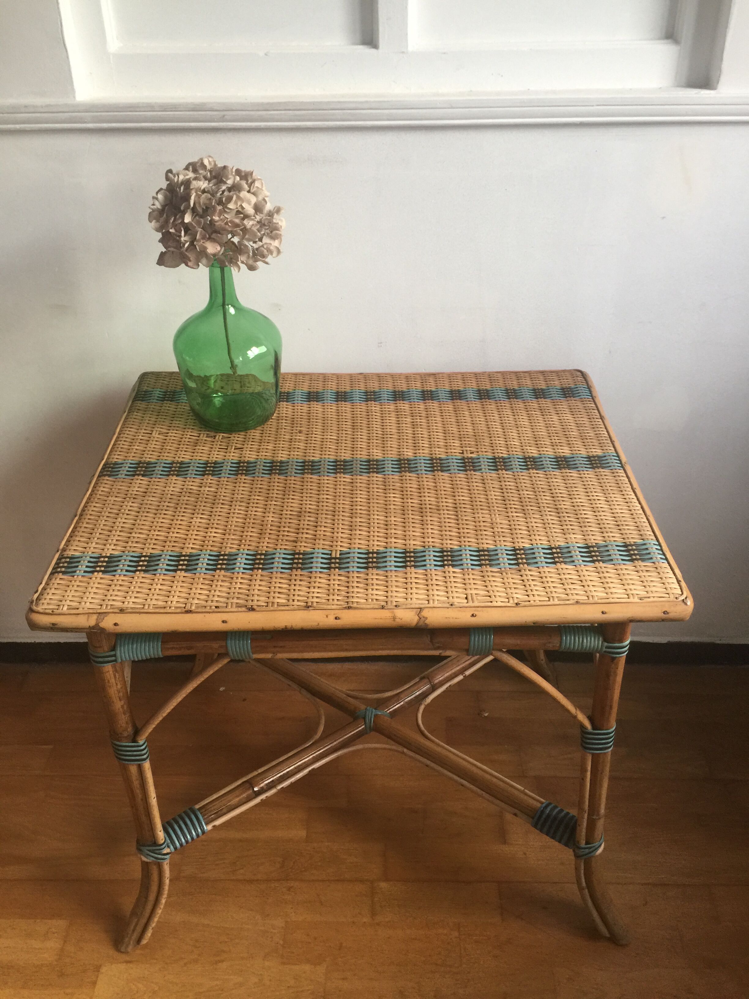 Bistro style blue style two tone rattan table