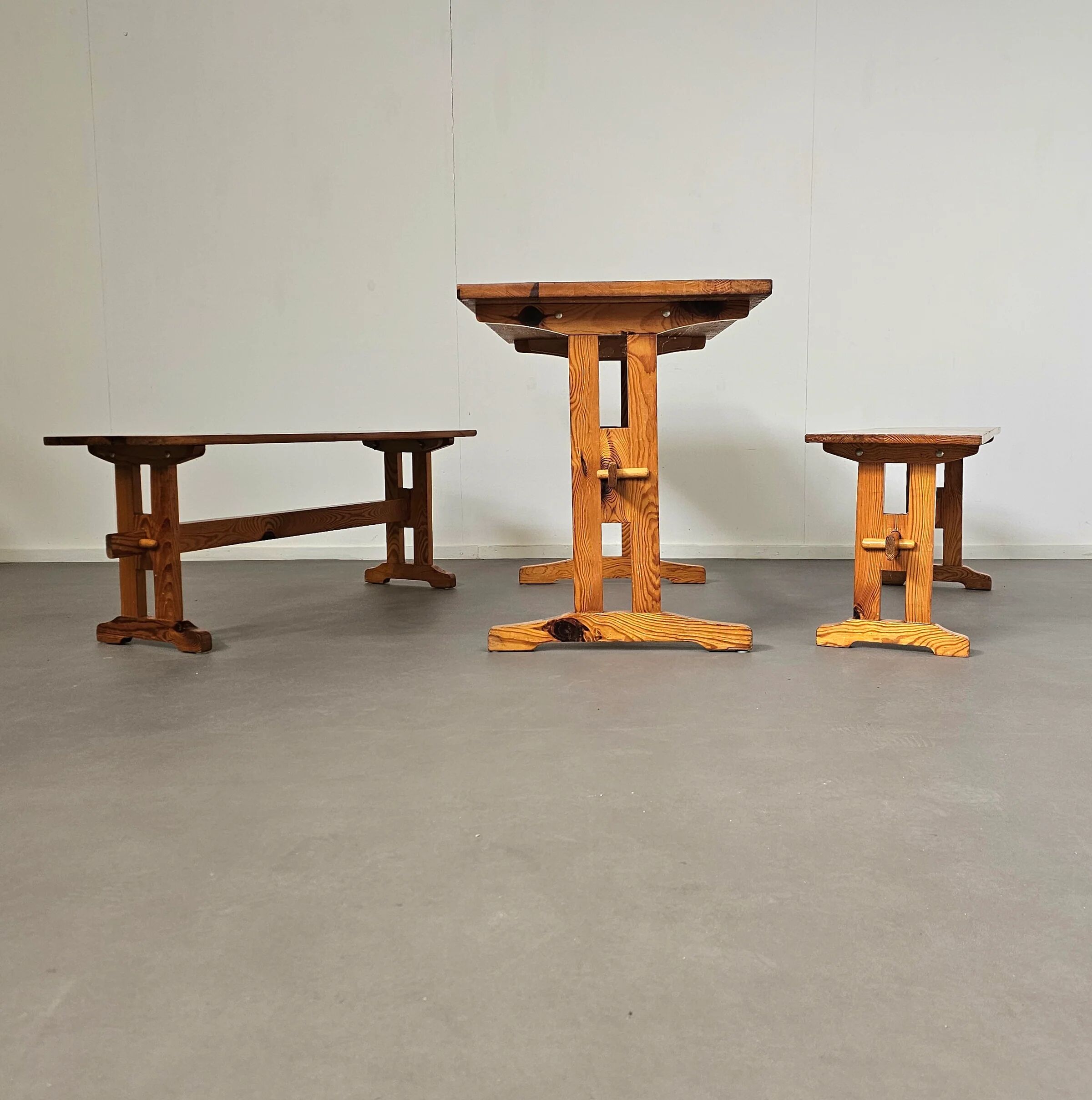 Scandinavian modern solid pinewood benches and dining table, 1970s
