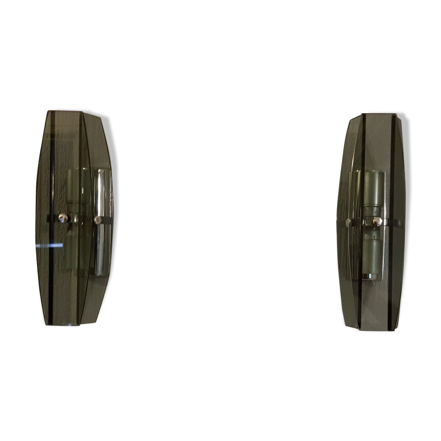Wall light vintage UFO space age smoked glass and chrome pair
